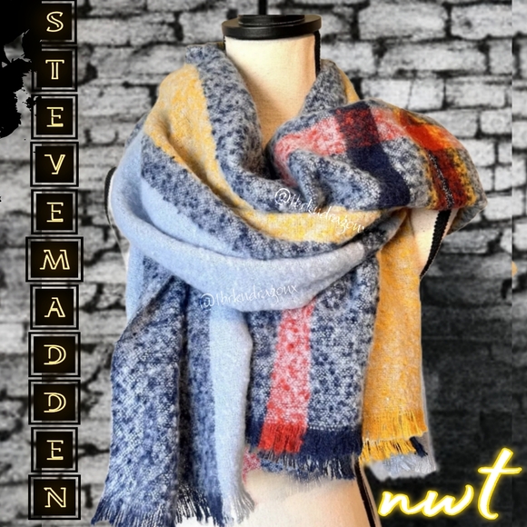 NWT Steve Madden Plaid Blanket Scarf Blue Grey White Yellow Holiday Scarf - Picture 12 of 16